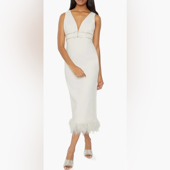 NWOT LIKELY Corianne Sleeveless White Feather Trim Empire Waist Midi Dress sz 8